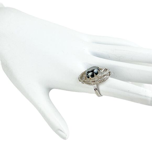 Sarah Coventry Ring Ebb Tide Silvertone Open Work Faux Black Hematite Stone - Picture 1 of 7
